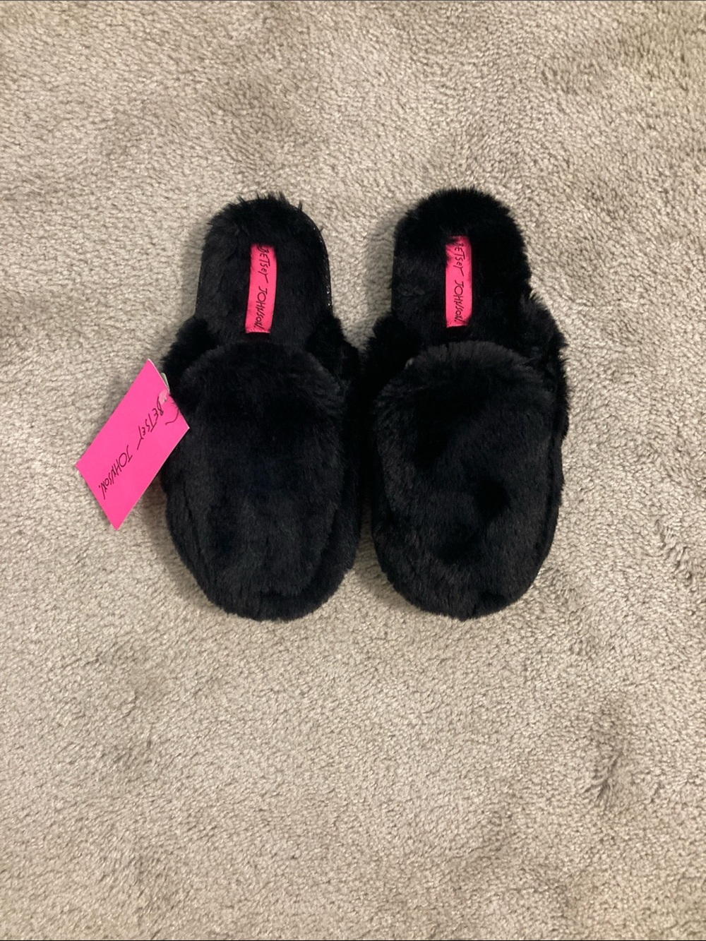Betsey Johnson Black Faux Fur Slippers